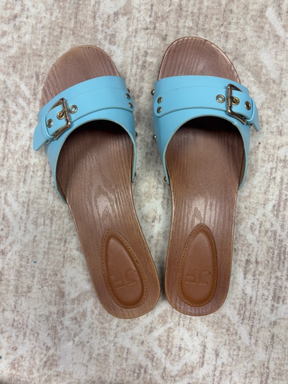 JustFab Women’s Slide Sandals with Light Blue Buckle Strap